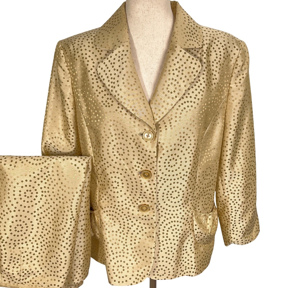 Kasper Skirt Suit Gold Polka Dot Blazer Pants‎ Formal Career Party